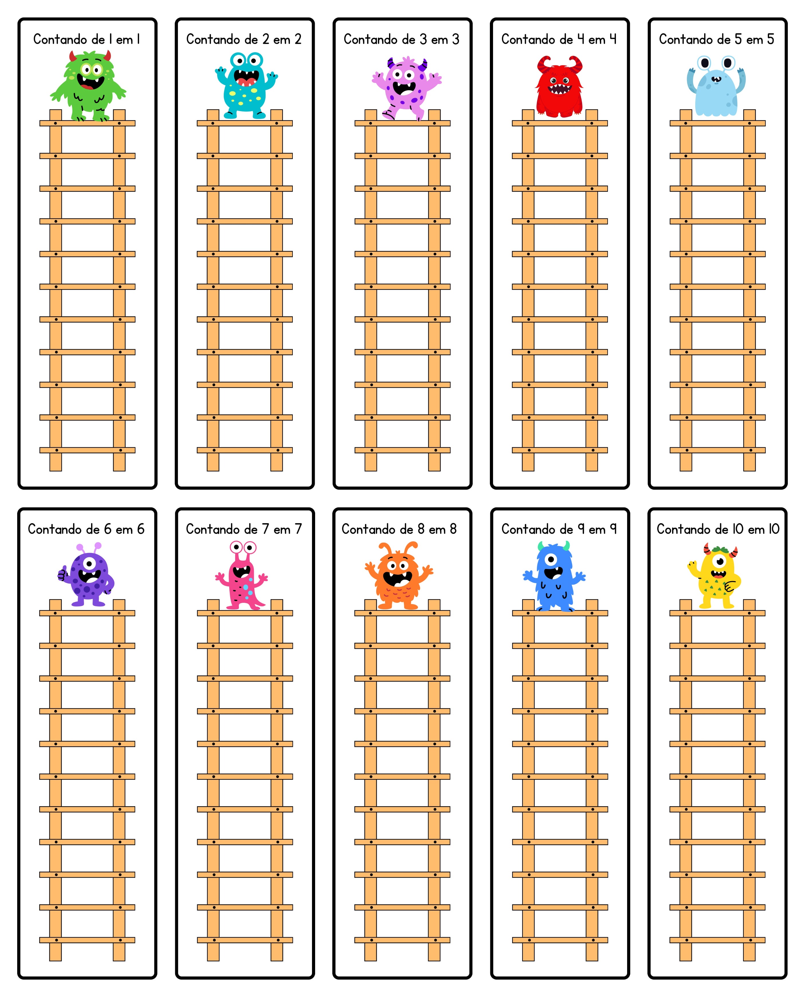 As escadas totalmente em branco da Tabuada dos Monstrinhos, do 1 ao 10, para a criança preencher